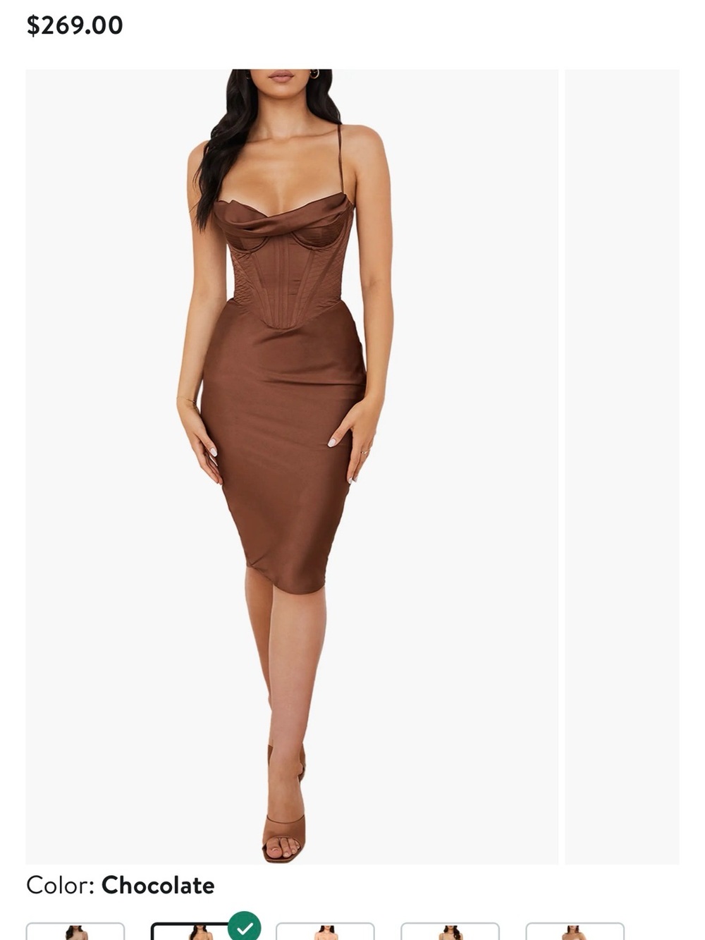 House of CB Brown Myrna Satin Cowl Neck Midi Dress